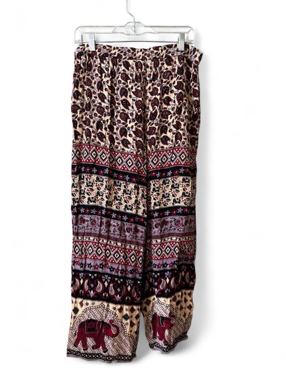 Bohemian Elephant Print Wide-Leg Pants - Burgundy & Cream